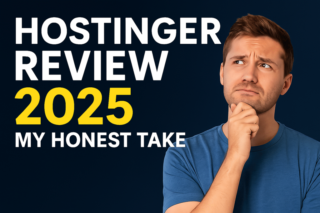 A man in a blue shirt with a thoughtful expression, positioned beside bold white and yellow text that reads “Hostinger Review 2025 – My Honest Take” on a dark blue background.